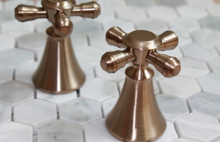 Delta-faucet-cassidy-champagne-bronze-cross-handles-vintage-unlacquered-brass