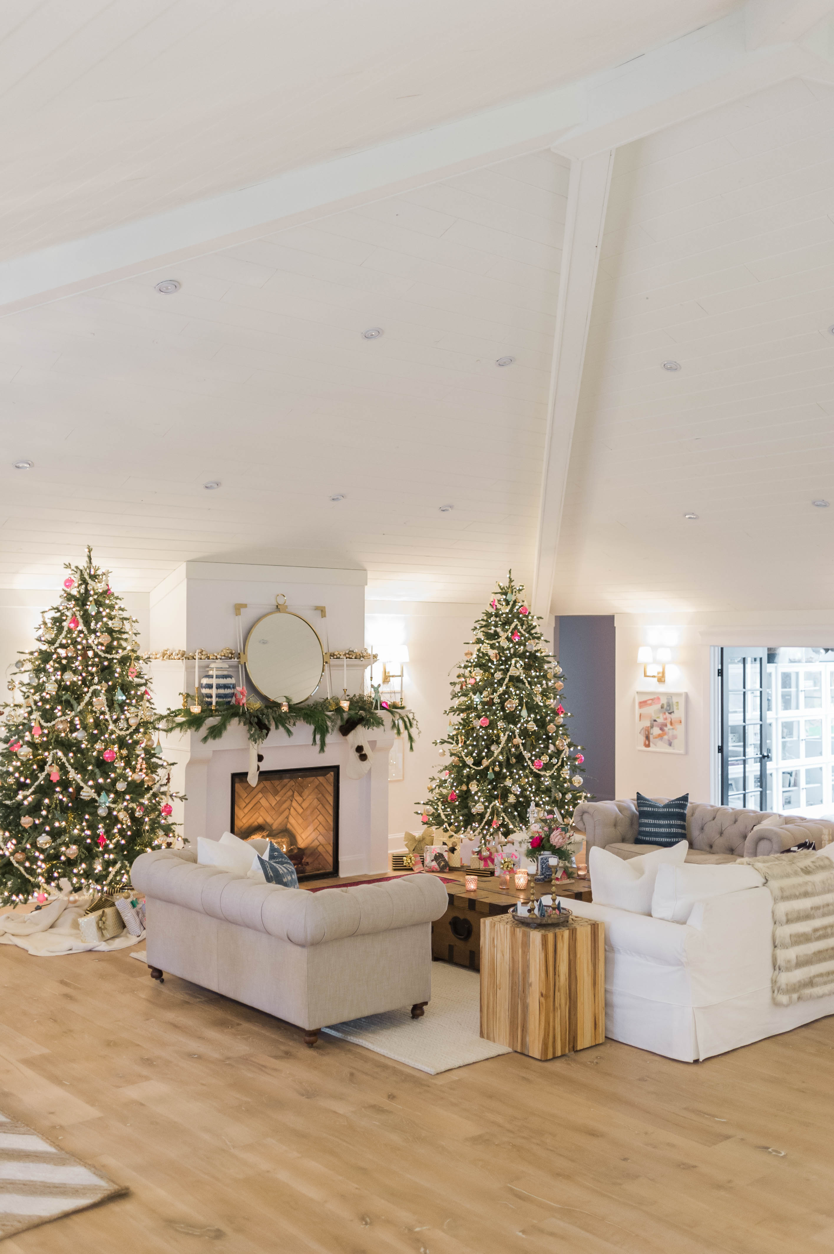 wood_ceiling_beams_fireplace_christmas_trees_modern_farmhouse