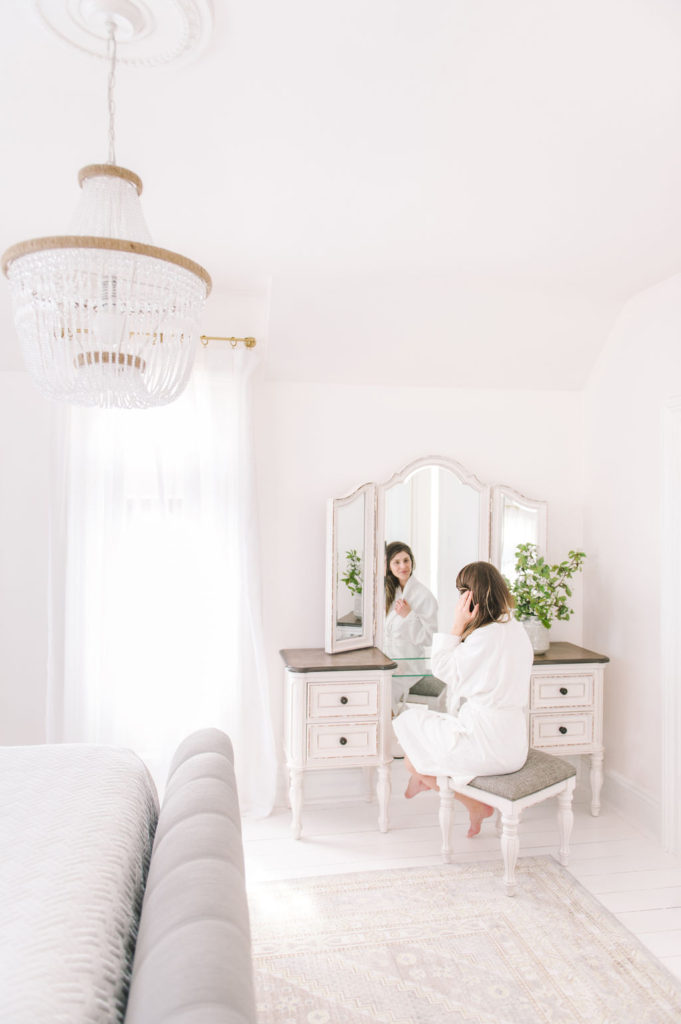 dream master bedroom makeup vanity beaded chandelier - The Leslie Style