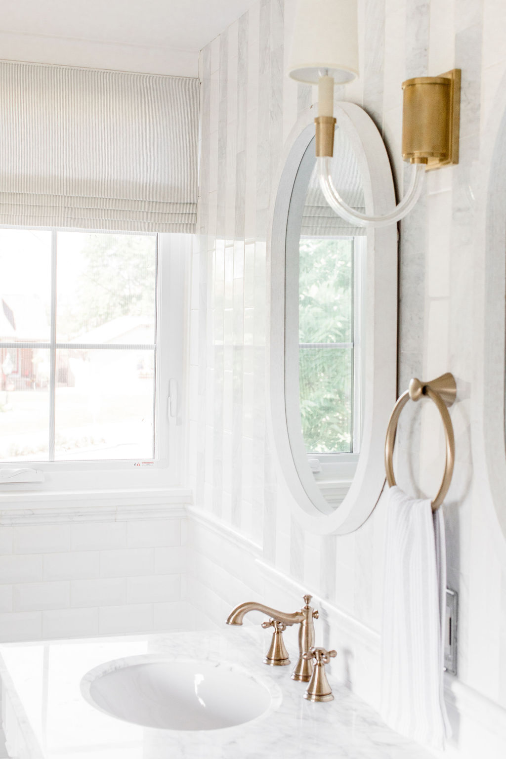 Marble Tile Stripes and Round Window Bathroom Reveal - The Leslie Style