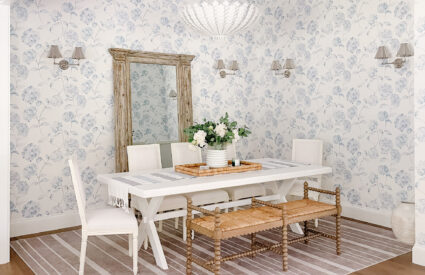 Blue and white dining room with Serena & Lily Hydrangea wallpaper, Ralph Lauren coastal style